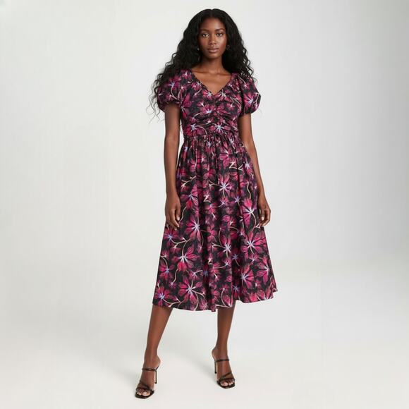 Ulla Johnson Cecile Floral-Print Puff Sleeve Midi Dress in Zinnia Red Size 4 - Picture 1 of 9